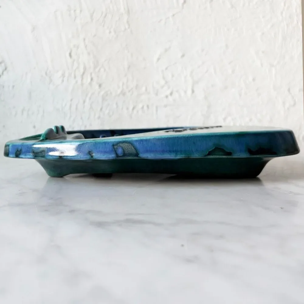 Vintage 1964 Handmade Pottery Ashtray MARLENE Blue Green Drip Glaze Signed